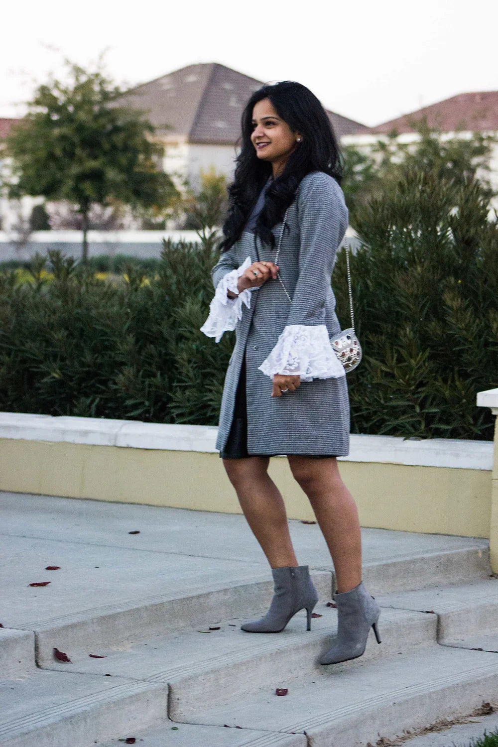 Grey Houndstooth Coat with Lace Sleeves