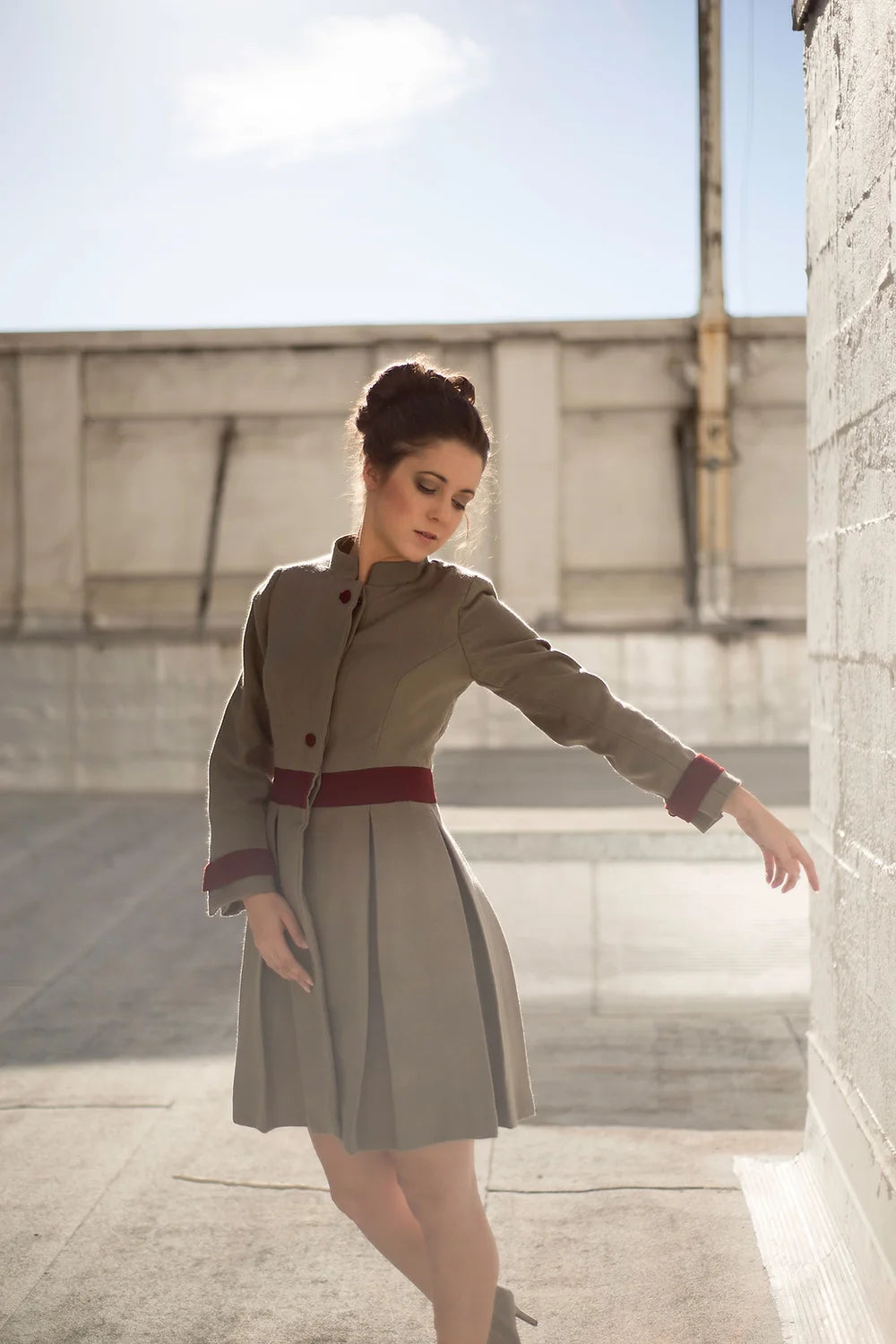 Grey wool pleated coat