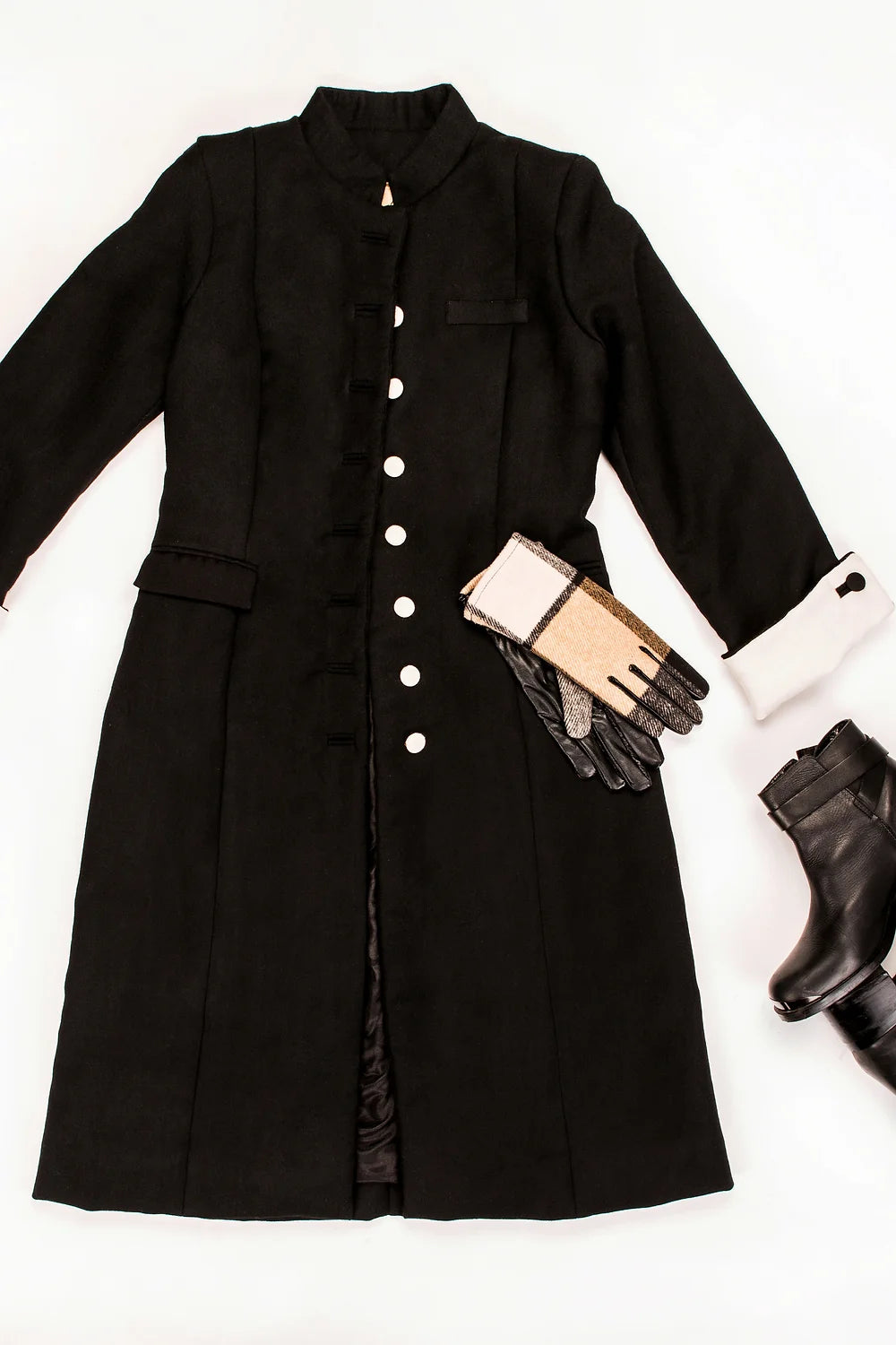 Black white khadi wool coat