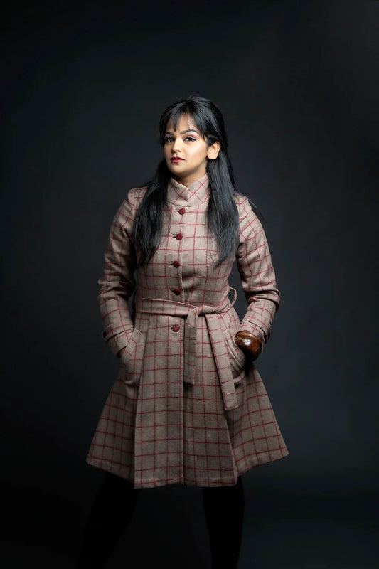 Brown Checkered Coat with belt