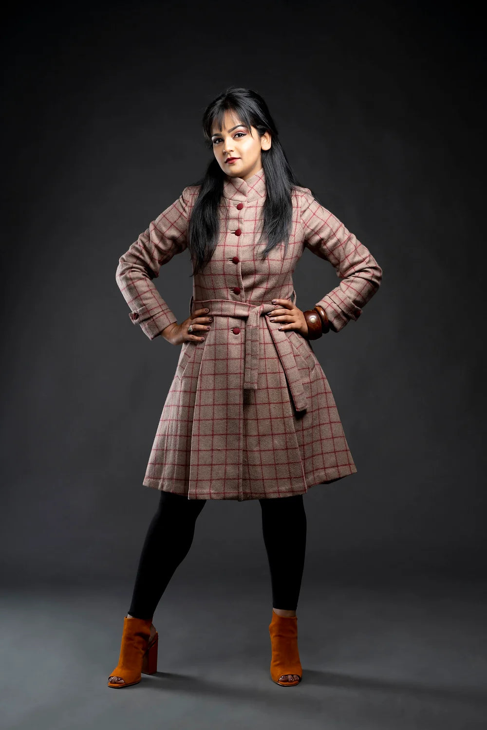 Brown Checkered Coat with belt