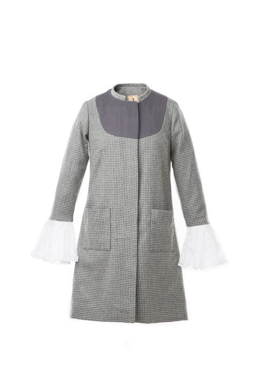 Grey Houndstooth Coat with Lace Sleeves